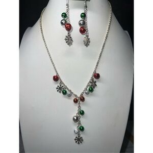 Silver Tone Snowflake and Christmas Ball  Y Necklace and Earring Set